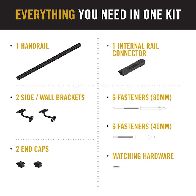 Nuvo Iron Handrail Kit Flush Side or Wall Mount Support 4-ft - Black