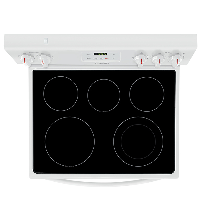 Cuisinière électrique blanche autoportante Frigidaire, surface de cuisson vitrocéramique 5 éléments, normes CSA, 5,3 pi³