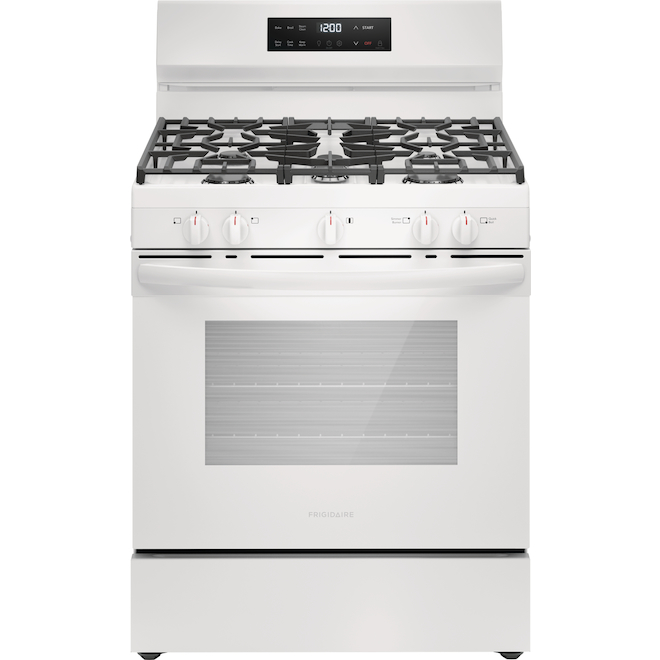 Cuisinière à gaz Frigidaire autoportante nettoyage vapeur 5,1 pi³ à 5 brûleurs 30 po blanche