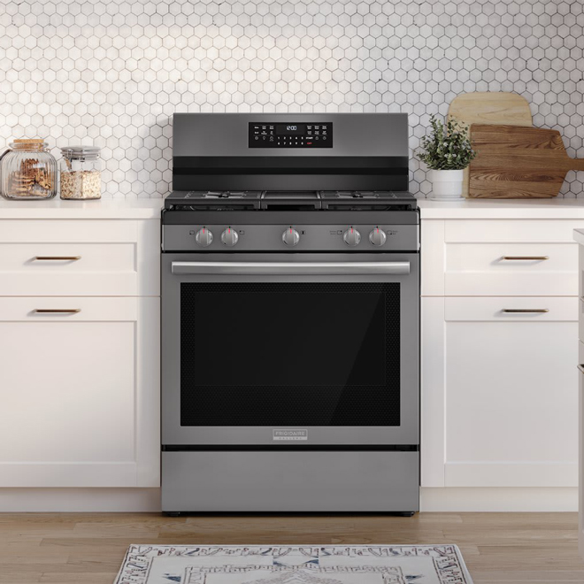 Frigidaire Gallery 30-in 5-Burner 5.1-ft³ Self-Cleaning Oven Freestanding Electric Range - Black Stainless Steel