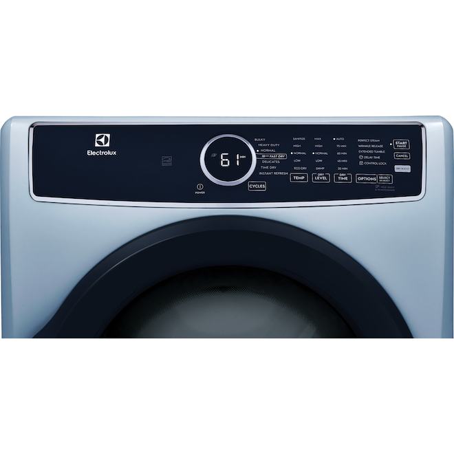 Sécheuse électrique à porte réversible Electrolux 8 pi³ superposable à évacuation extérieure et cycle vapeur, bleu