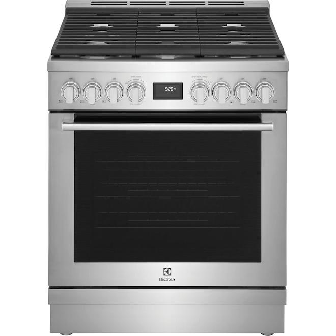 Cuisinière biénergie autoportante 4,6 pi³ Electrolux 30 po 5 brûleurs four convection, acier inoxydable.