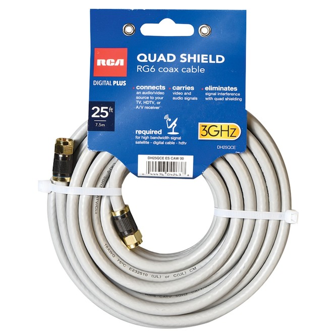 Câble coaxial RG6 Quad Shield RCA Digital Plus 25 pi, 3 Ghz