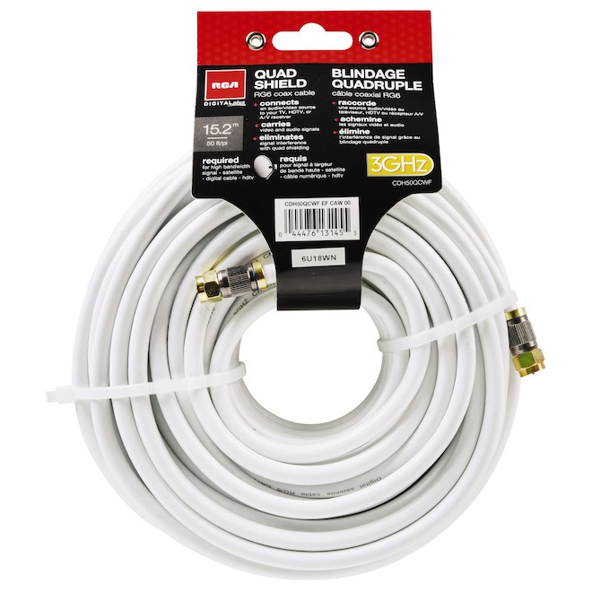 Câble coaxial RG6 de RCA blanc, 50 po