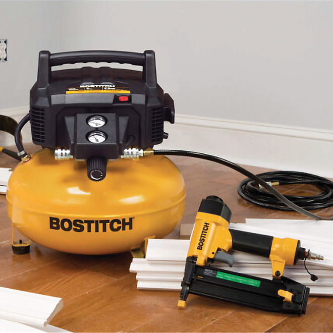 Bostitch Air Compressor and 18-Gauge Nailer Kit - Electric - 6-gal. - Steel - Black and Yellow