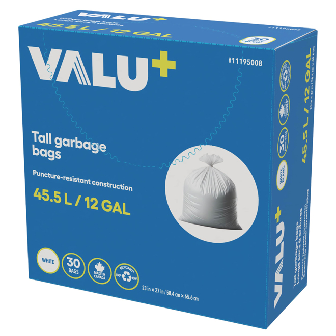 VALU+ White 45.5-Litre Large Size Garbage Bags - 30 per Box