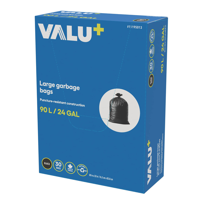 VALU+ 90-L Outdoor Black Recycled Plastic Garbage Bags - Box of 30 Bags