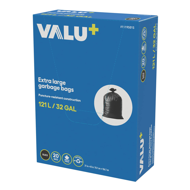 VALU+ 121-L Black Recycled Plastic XL Garbage Bags - Box of 20