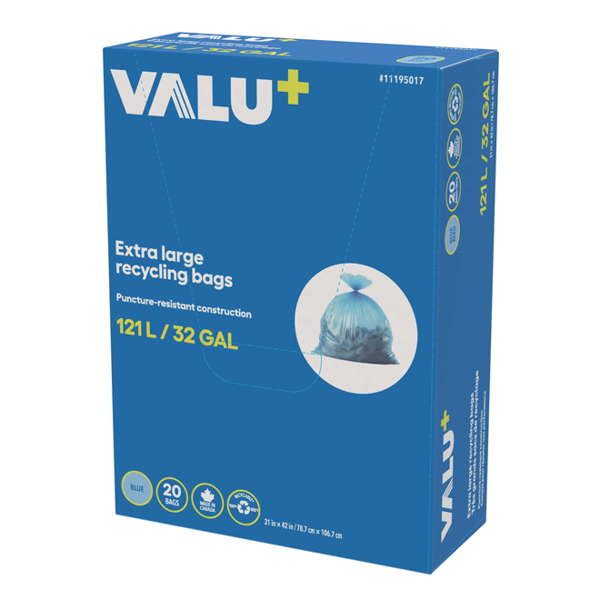 VALU+ 100% Recycled Plastic 121-L Capacity Recycling Bag - 20 per Box