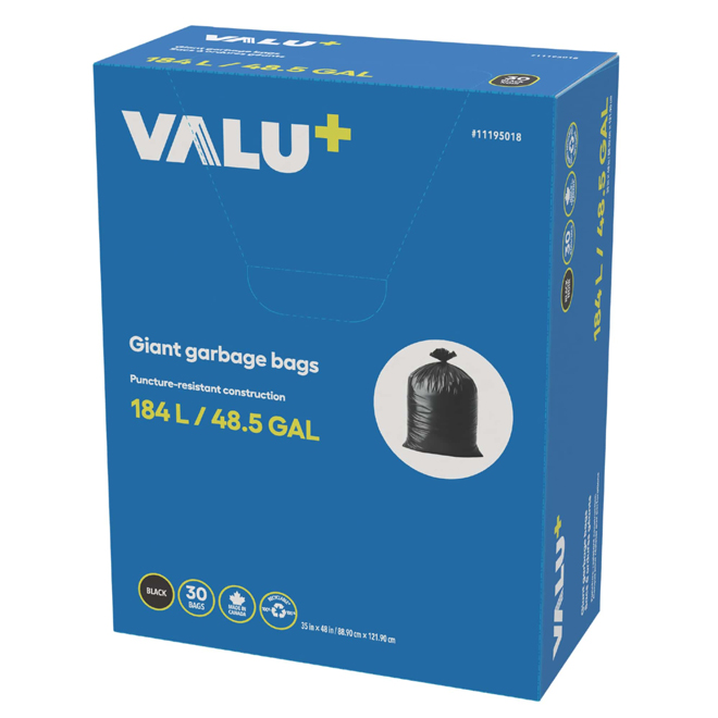 VALU+ 30-Pack 45 Gallons Black Outdoor Plastic Trash Bag