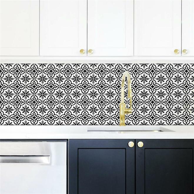 RoomMates Self-Adhesive Wall Decals - Ornate Backsplash Tile - 34.9-in x 16.9-in - Black and White - 2 Pieces