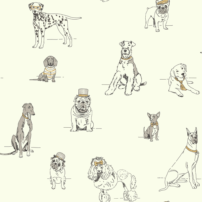 York Wallcoverings Ashford Toiles Dog's Life Wallpaper Sketched Dogs 57.75 sq.ft. Silver and Gold