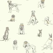 York Wallcoverings Ashford Toiles Dog's Life Wallpaper Sketched Dogs 57.75 sq.ft. Silver and Gold