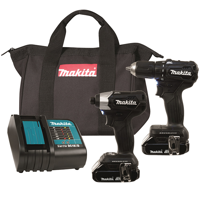 Makita 18-Volt 2-Tool Combo Kit with Batteries and Charger - Brushless - Dual LED Light - Ergonomic Rubber Grip