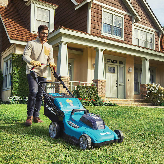 Tondeuse à gazon automotrice Makita sans fil 21 pouces, bleue