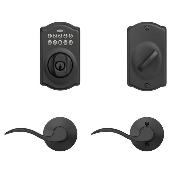 Schlage Camelot/Accent Matte Black Keypad Deadbolt and Entry Lever Combo