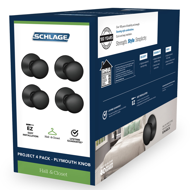 Schlage Plymouth Steel Passage Knobs - Matte Black - 4-Pack