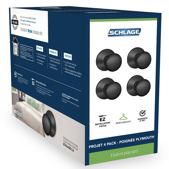 Boutons de passage en acier Plymouth par Schlage, noir mat, paquet de 4