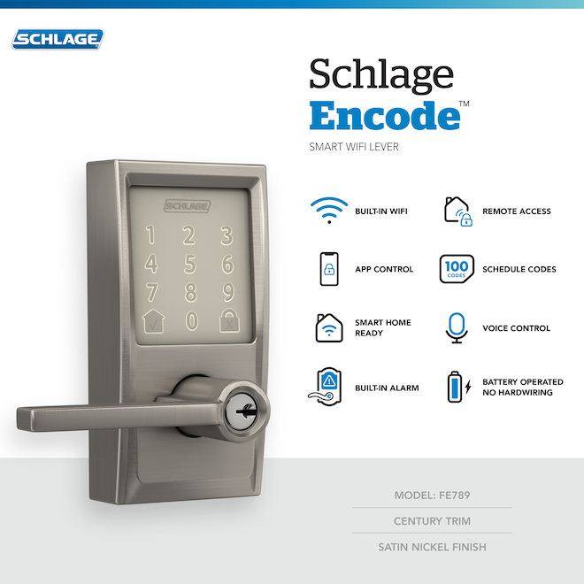 SCHLAGE Encore F Serie Sat. Nickel 1-Cylinder Lighted Keypad Electronic Lever