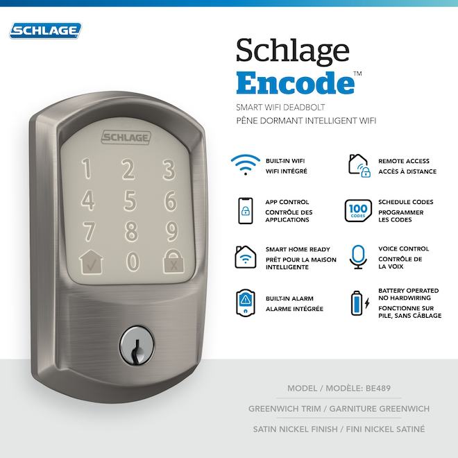 SCHLAGE Encode Satin Nickel 1-Cylinder Touch Screen Electronic Deadlock