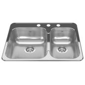 Kindred 27.25-in x 20.56-in Stainless Steel Double Offset Bowl Drop-In 3-Holes Kitchen Sink