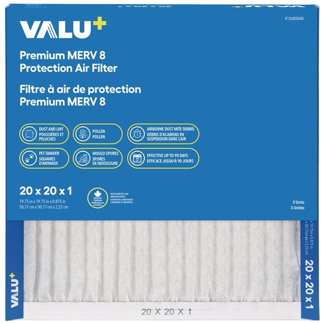 VALU+ Protection Air Filter Premium MERV 8 of 20 x 20 x 1-in - Pack of 3