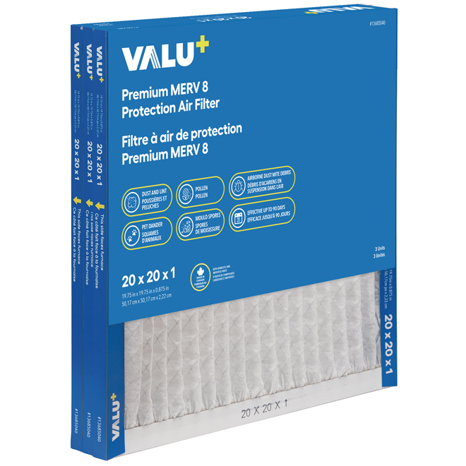 VALU+ Protection Air Filter Premium MERV 8 of 20 x 20 x 1-in - Pack of 3