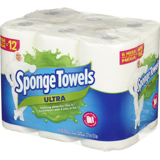 SpongeTowels Ultra Towel Rolls - 2-Ply Sheets - Choose-a-Size Feature - 6 Per Pack