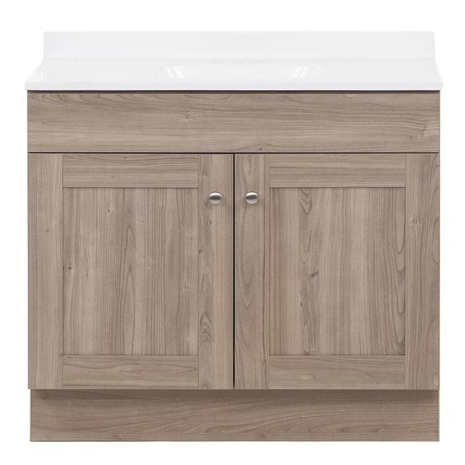 Image of Project Source | 36-In 2-Door Brown Engineered Wood Bathroom Vanity With White Cultured Marble Integrated Sink Top | Rona