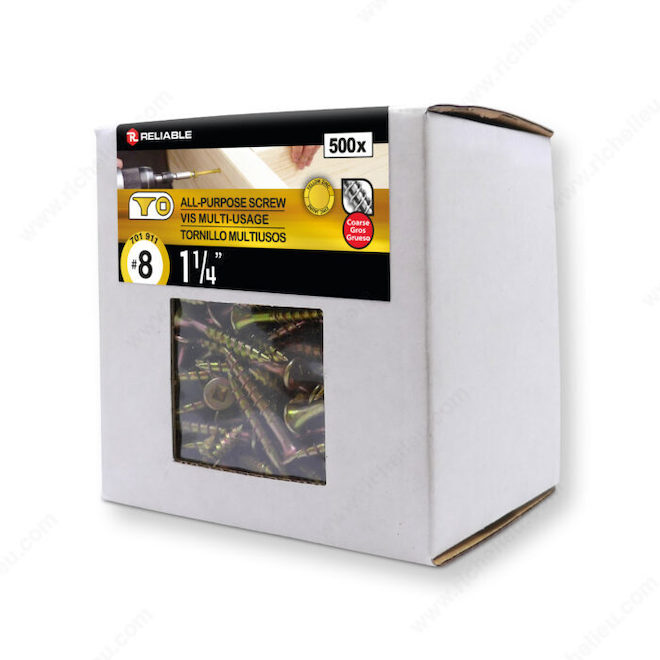 Vis à bois à tête trompette d'Attaches Reliable, zinguées jaune, empreinte carrée, paquet de 500, no 8 x 1 1/4 po