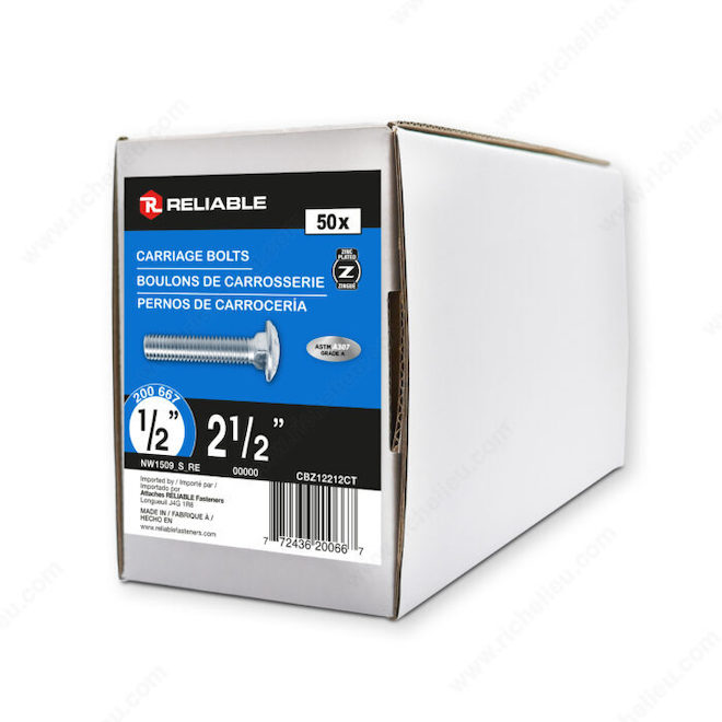Reliable Fasteners Round Head Carriage Bolts - 1/2-13 Dia x 2 1/2-in L - Zinc-Plated - 50 Per Pack
