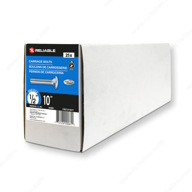 Reliable Fasteners Round Head Carriage Bolts - 1/2-13 Dia x 10-in L - Full Thread - Zinc Plated - 25 Per Pack