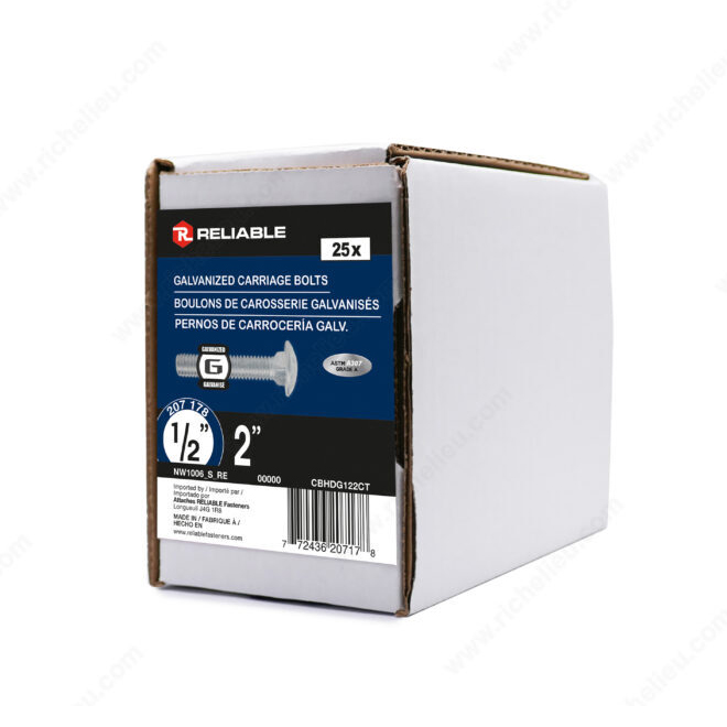 Reliable Fasteners Round Head Carriage Bolts - 1/2-13 Dia x 2-in - Full Thread - Galvanized Steel - 25 Per Pack