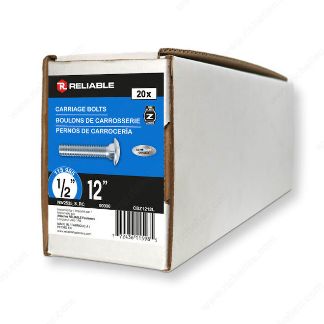 Reliable Fasteners Round Head Carriage Bolts - 1/2-13 Dia x 12-in - Full Thread - Zinc-Plated - 20 Per Pack