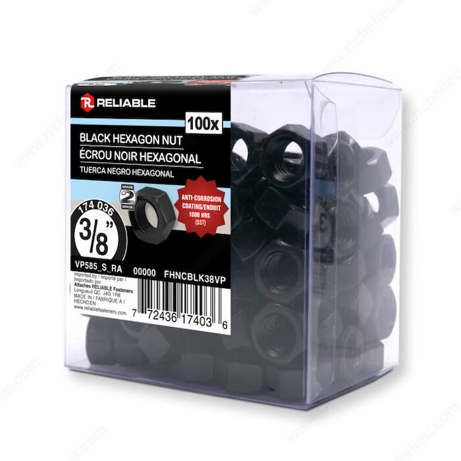 Reliable Black Hexagon Nuts 3/8-in - Box of 100