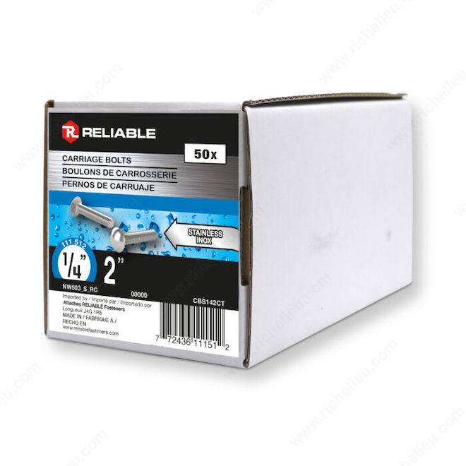 Reliable Carriage Bolt 1/4 x 2-in with Round Head in Stainless Steel - Box of 50