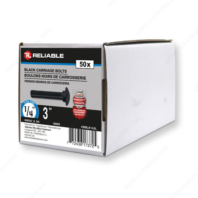 Reliable Carriage Bolts 1/4 x 3-in in Black Steel - Box of 50