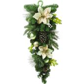 Teardrop-Shaped Wreath with Poinsettia - 28" - Champagne