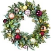 Holiday Living 1-Pack 24-in Indoor Battery-Operated Green Champagne Artificial Christmas Wreath Warm White LED Lights