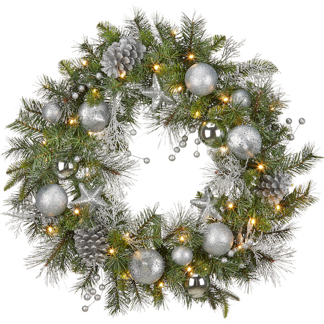 Holiday Living 1-Pack 30-in Indoor Battery-Operated Green Silver Artificial Christmas Wreath Warm White LED Lights