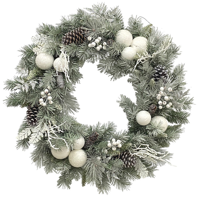 Holiday Living 1-Pack 30-in Indoor Battery-Operated Green White Artificial Christmas Wreath Warm White LED Lights