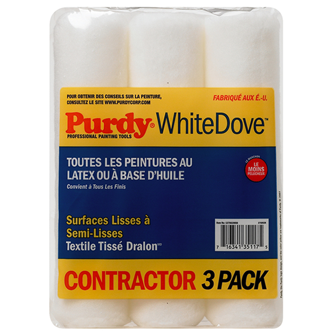 Manchon de rechange Purdy White Dove, fibres d'acrylique, sans peluche, 9 1/2 po l., paquet de 3