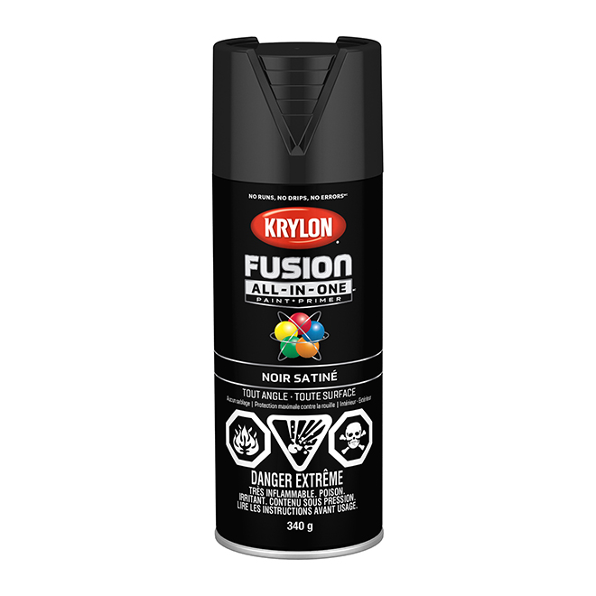 Peinture et apprêt en aérosol tout-en-un Fusion de Krylon, à base d'acrylique,  noir satiné, 340 g