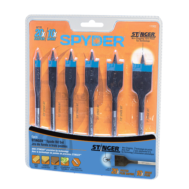 Spyder Stinger Spade Drill Bits - Black Oxide Coated High-Speed Steel - Set of 6 - 1/4-in Hex Shank