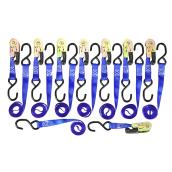 Pack of 8 Ratchet Straps with Hooks - 1" x 10' - 1200 lb