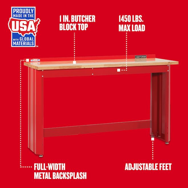 CRAFTSMAN Workbench with Butcher Block Top - 6-in - Red