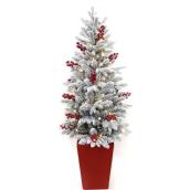 Celebrations by L&CO 4.5-ft Lighted Snowy Balsam Fir Tree With Red Berry And Pot