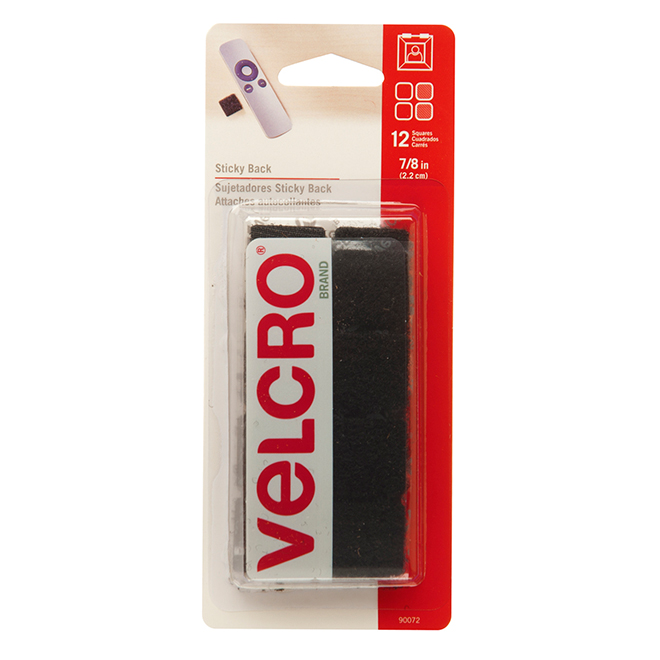 Velcro Square Fasteners - Sticky Back - Black - 12 Per Pack - 7/8-in W x 7/8-in L