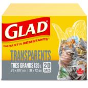 Sac-poubelle XL Glad, transparents, 35 gallons, paquet de 20