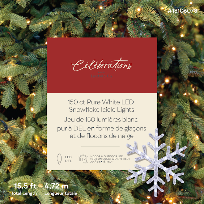 Celebrations by L&CO Snowflake Icicle Lights - 150 Pure White LED Lights